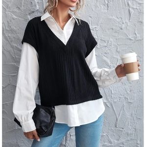 2 in 1 Black Knit Vest On White Button Up Shirt